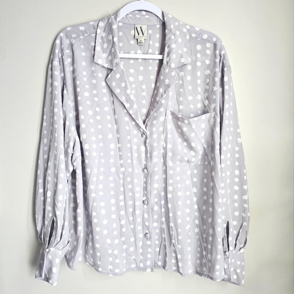 Pastel Light Purple Gray White Polka Dots Loose Fit Cropped Button Down Office - Picture 1 of 3